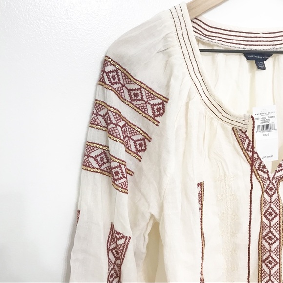 American Eagle Embroidered Peasant Top Sz Small - Picture 3 of 8